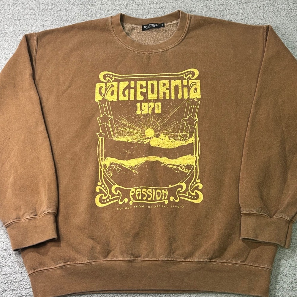 Nasty Gal Sweatshirt California 1970 Sz S Brown Graphic Retro Oversized Pullover